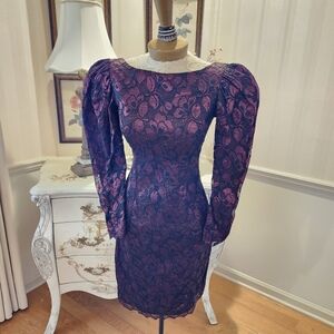 Chic Merlot & Black Lace Vintage Classy Cocktail Dress XS